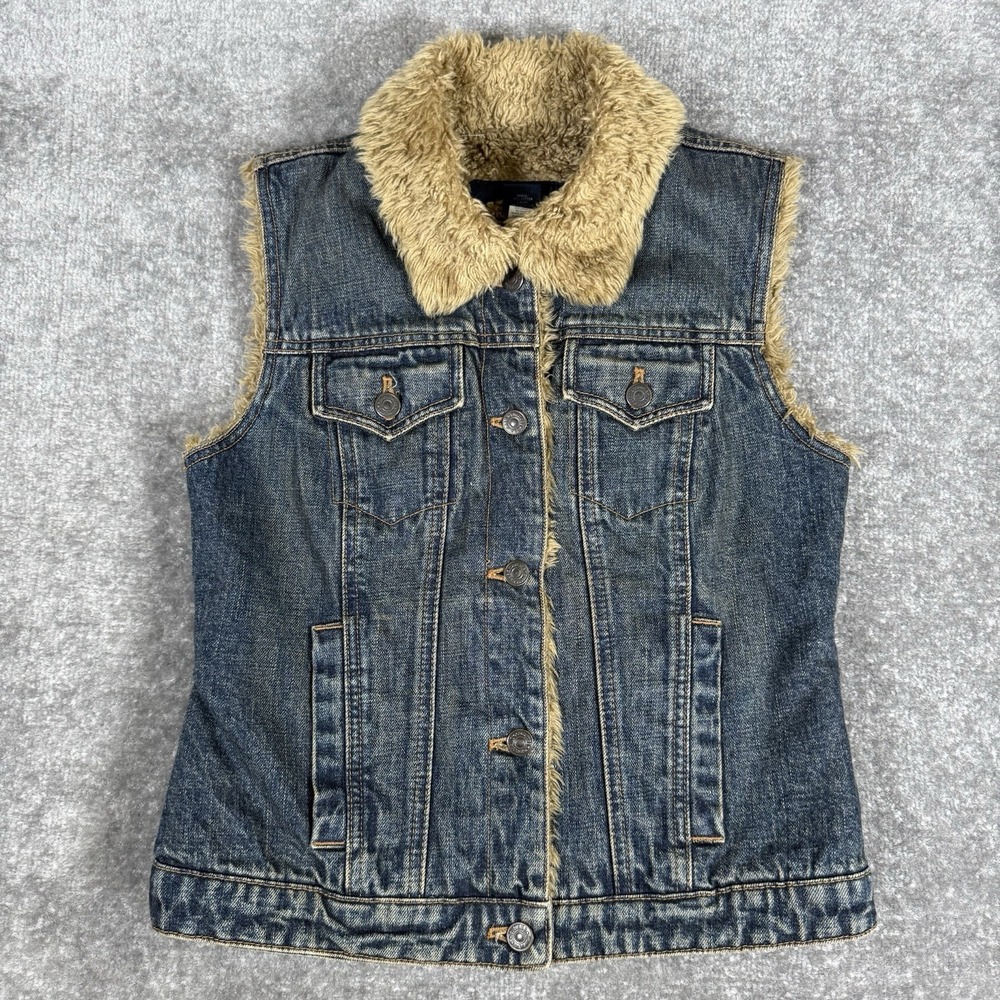 Vintage Gap Vest Women's XS Blue‎ Denim Faux Fur Lining Button Front Y2K
